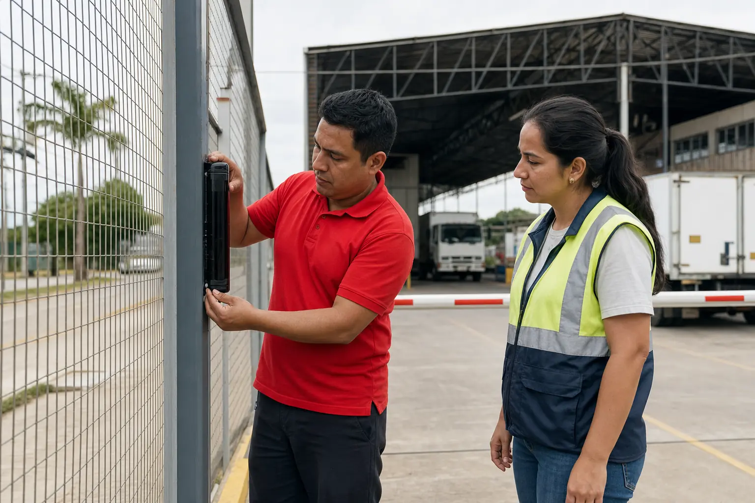 Escena ilustrativa de una revisión de sensores perimetrales en una bodega logística