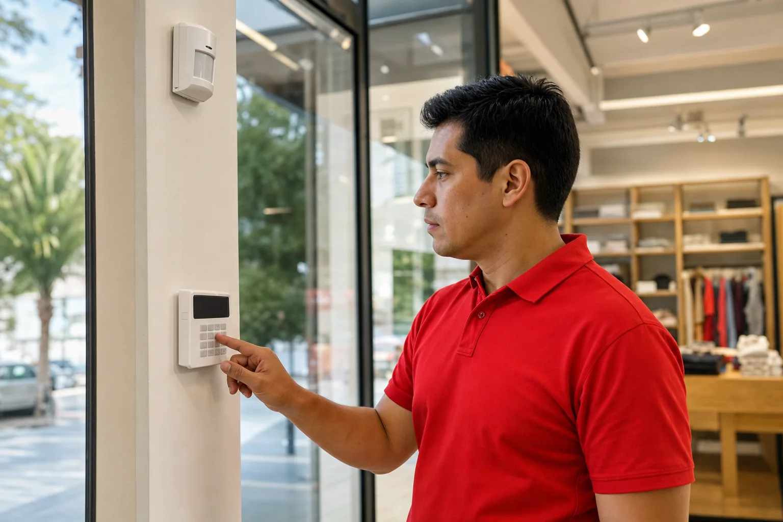 Técnico configurando una alarma antirrobo en un comercio
