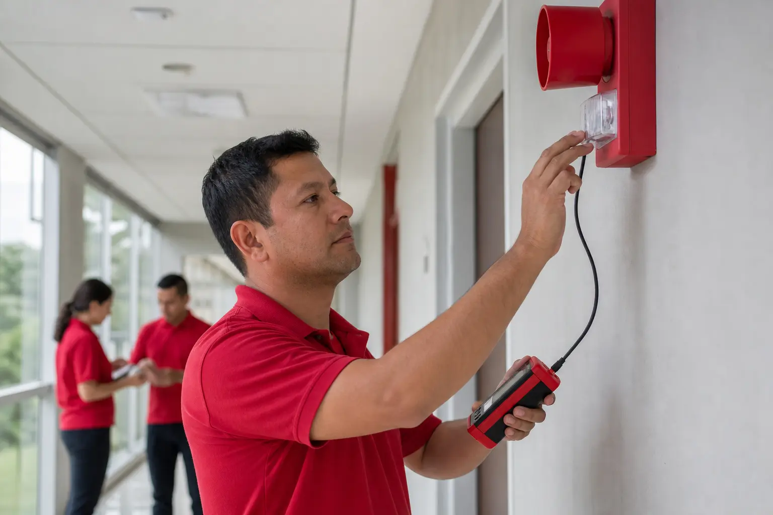 Técnico comprobando una alarma de evacuación en un edificio institucional