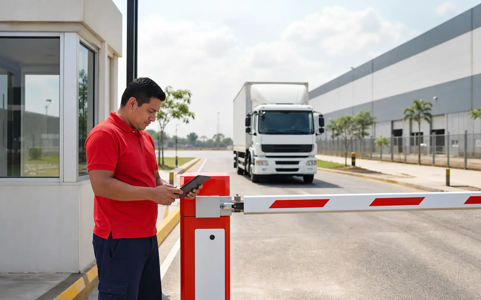 Técnico configurando una barrera vehicular en el ingreso de una planta industrial