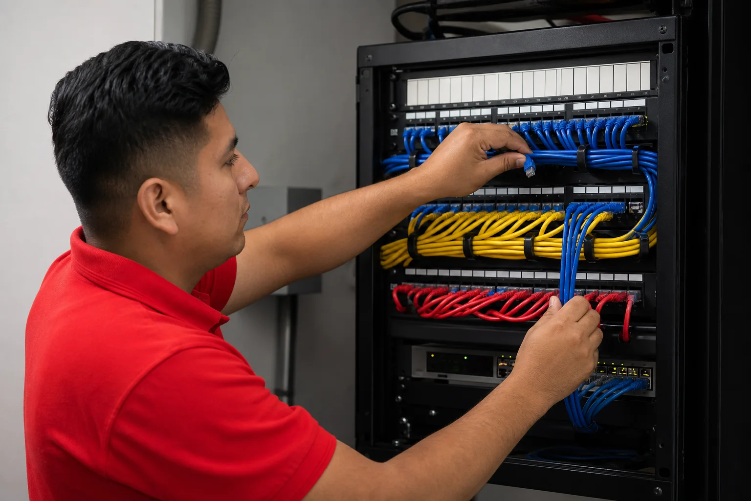 Técnico organizando el cableado de un rack de red profesional