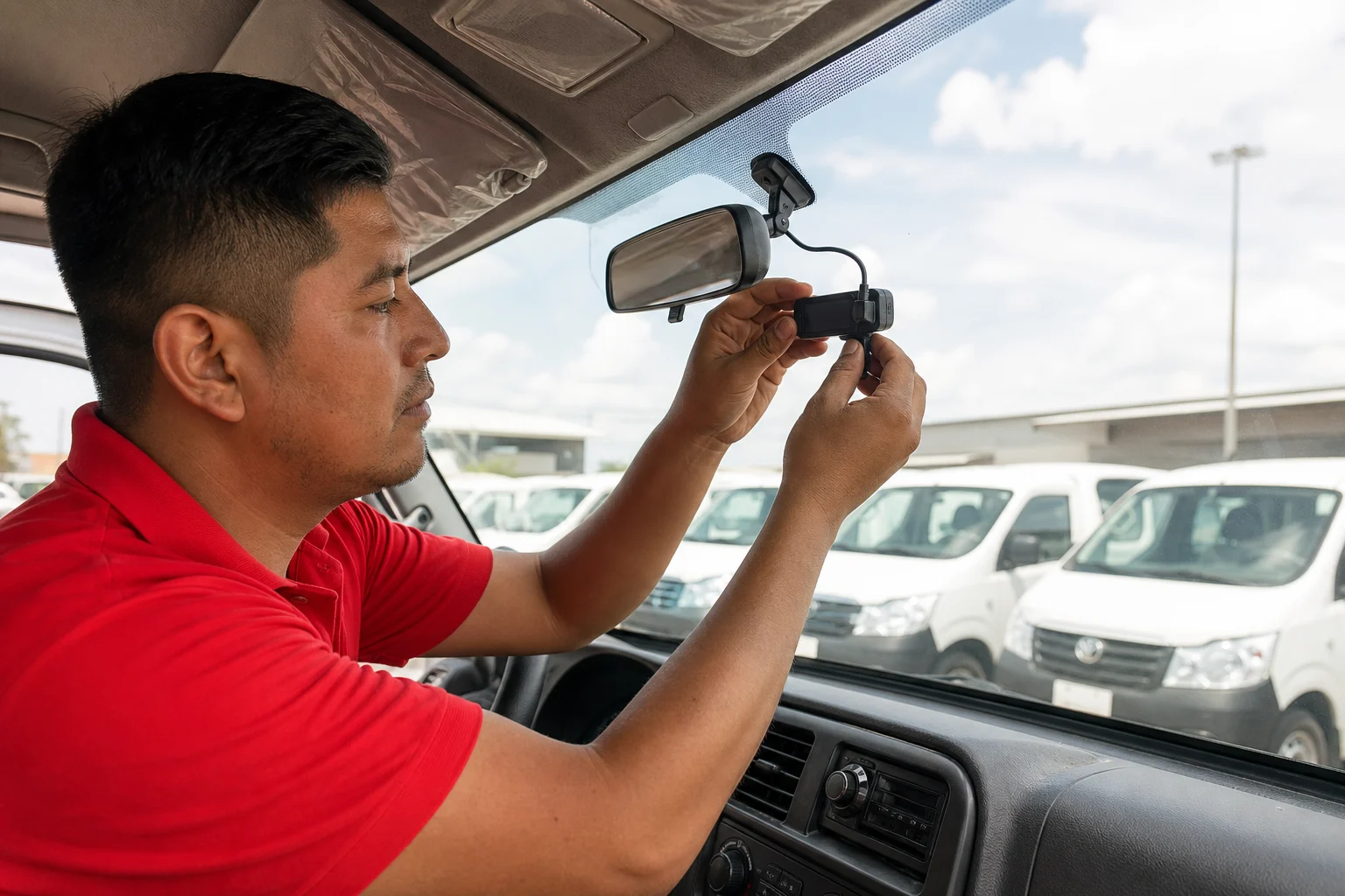 Técnico instalando una cámara vehicular detrás del retrovisor de una unidad de flota