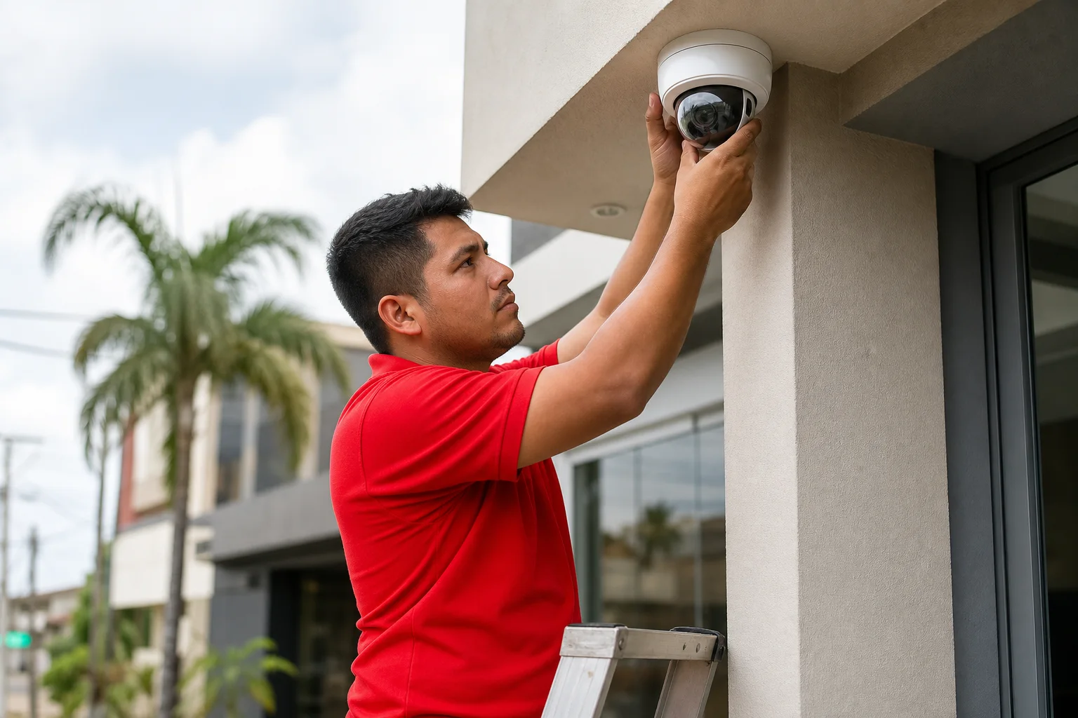 Técnico instalando una cámara de seguridad en la entrada de una empresa