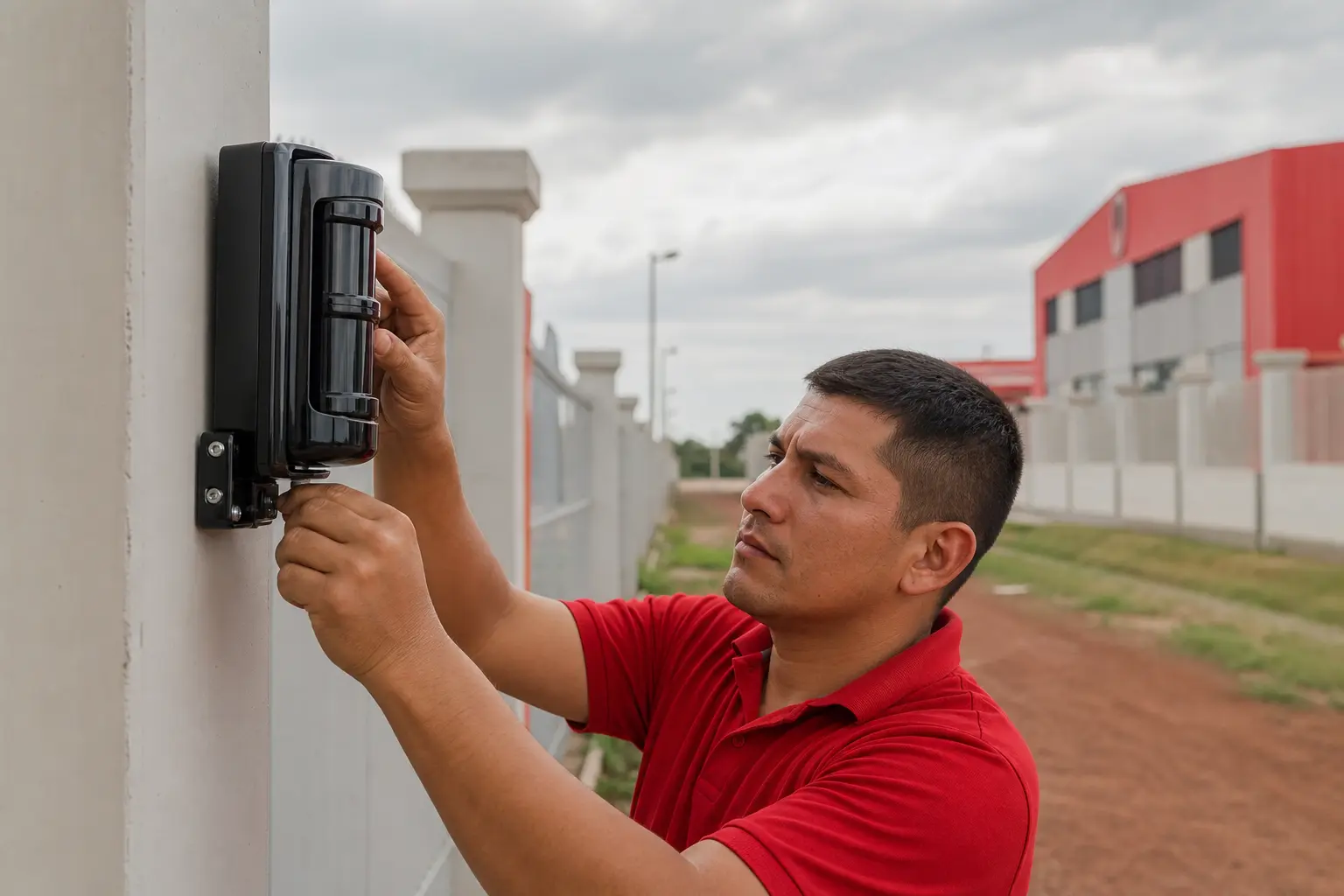 Técnico alineando un sensor de protección perimetral en una industria