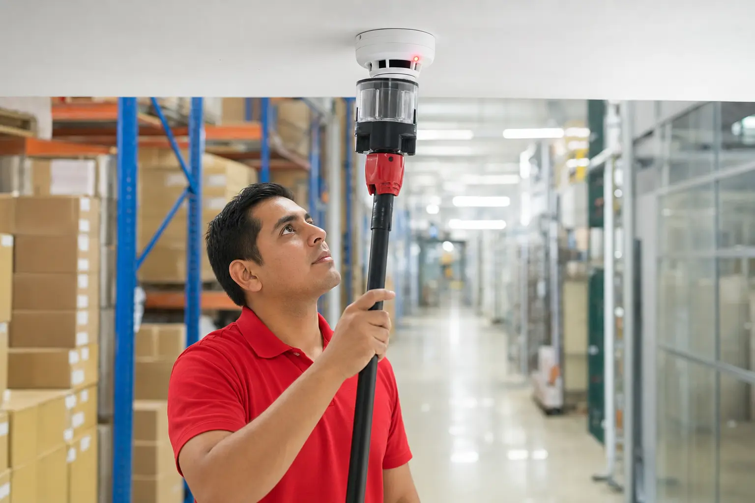 Técnico probando un detector de humo en una instalación logística