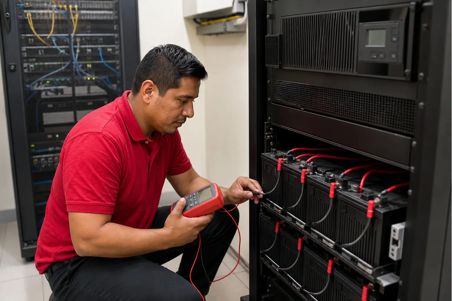 Técnico comprobando baterías y equipos de respaldo energético