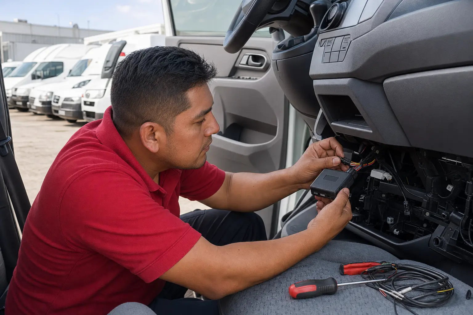 Técnico instalando un dispositivo GPS en un vehículo de reparto