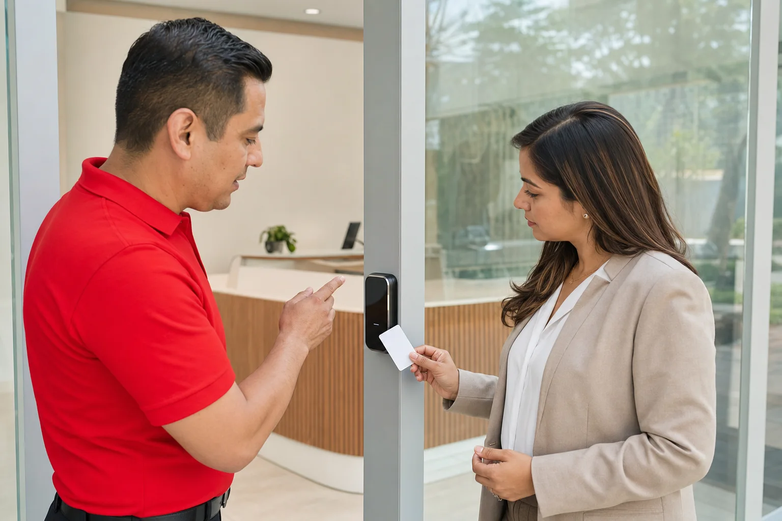 Escena ilustrativa de un control de acceso en la recepción de un consultorio